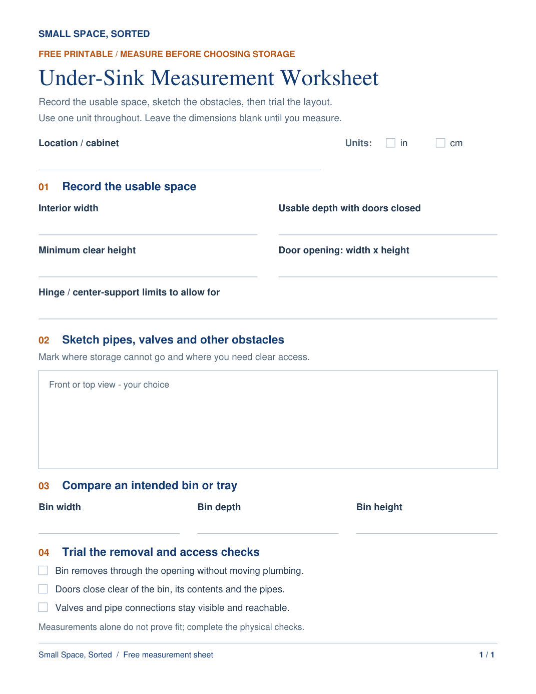 Preview of the one-page under-sink measurement worksheet with blank dimensions, an obstacle sketch area and three final checks